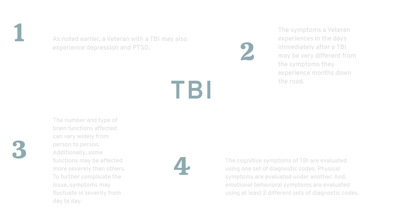 1) TBI symptoms overlap with other disabilities. 2) Each TBI is unique. 3) Symptoms can change over time. 4) VA uses multiple diagnostic codes.