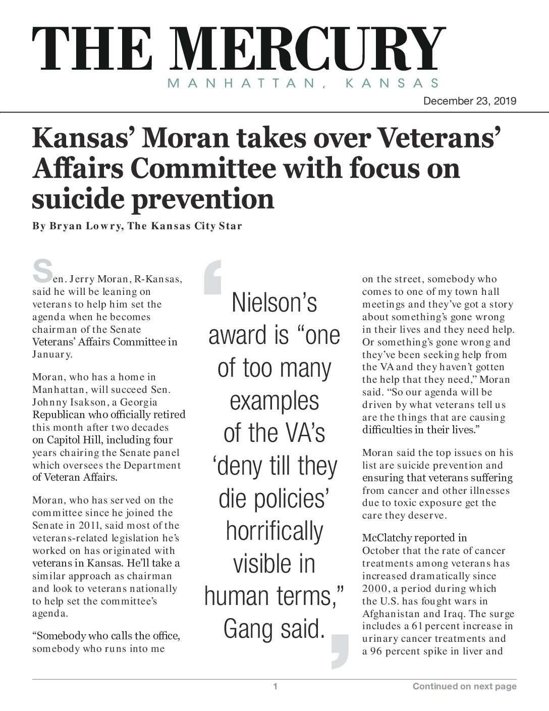 Kansas’ Moran takes over Veterans’ Affairs Committee with focus on suicide prevention