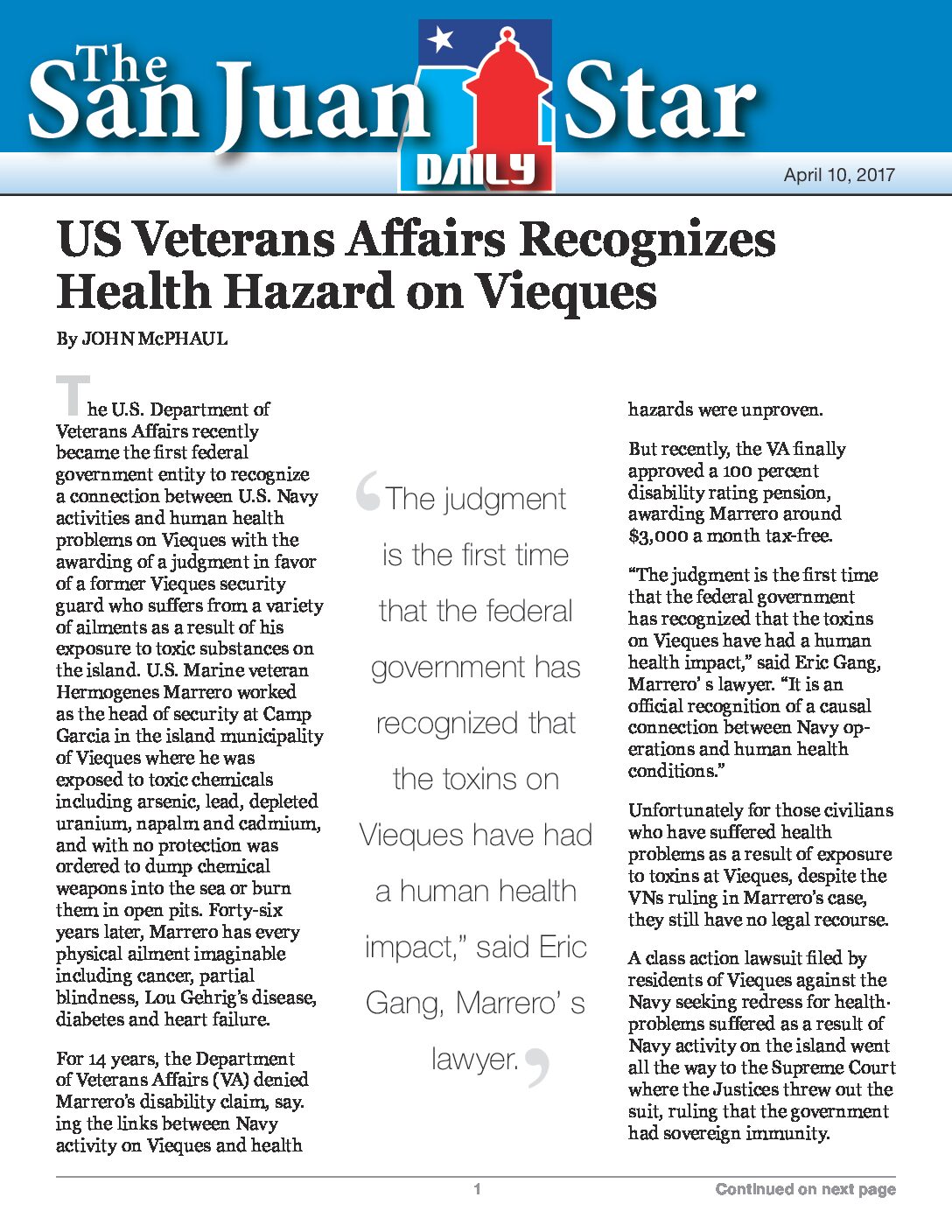 US Veterans Affairs Recognizes Health Hazard on Vieques