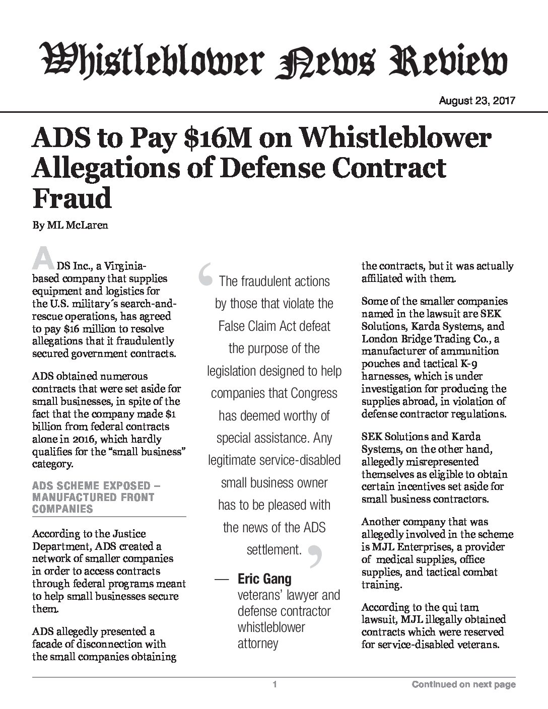 ADS to Pay $16M on Whistleblower Allegations of Defense Contract Fraud